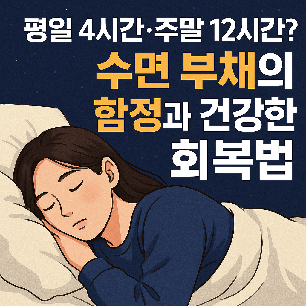 썸네일: 젊은 동양 여성이 옆으로 누워 평화롭게 잠을 자는 일러스트. 배경은 밤하늘을 연상시키는 짙은 파란색이며, 큰 흰색·노란색 글씨로 ‘평일 4시간·주말 12시간? 수면 부채의 함정과 건강한 회복법’ 문구가 강조되어 있다.