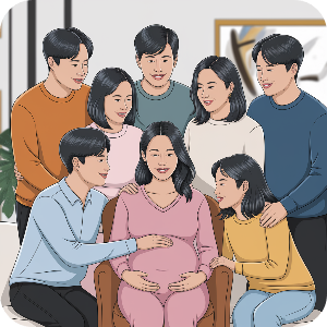 임신. 출산으로 인해 기뻐하고 행복해 하는 가족 이미지