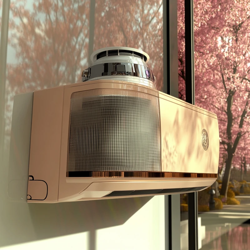 LG 에어컨의 자동 클린봇이 필터를 청소하는 장면, 세련된 건축적 배경과 부드러운 색감이 조화를 이룹니다. 자동 클린봇, 필터 유지보수, 혁신적 기능.