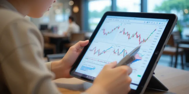 디지털 태블릿으로 강원랜드 주가를 분석하며 투자 결정을 고민하는 여성의 모습