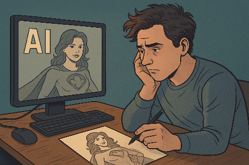 AI 그림과 손그림을 비교하며 고민하는 만화 작가를 묘사한 일러스트