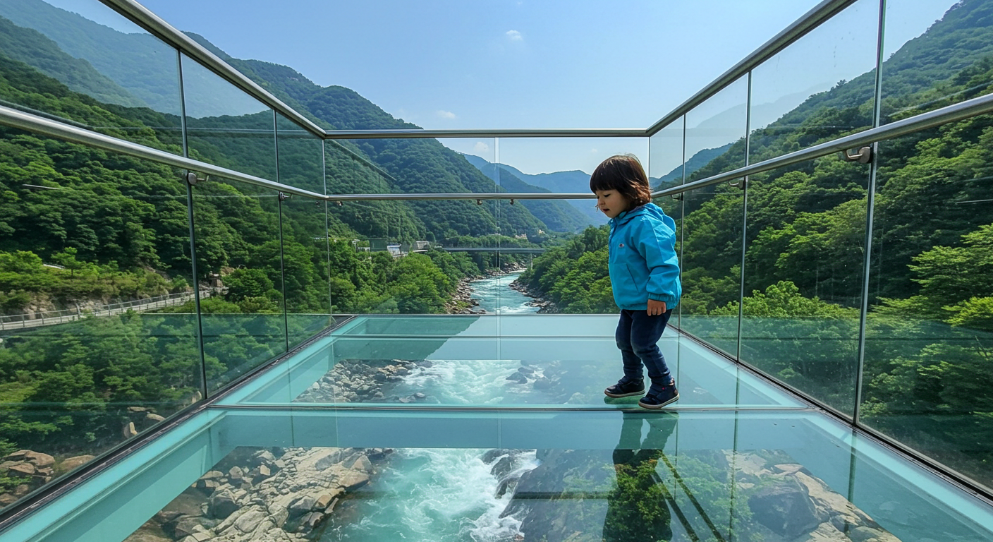 소양강 스카이워크 투명 바닥 위에서 강을 내려다보는 아이의 모습