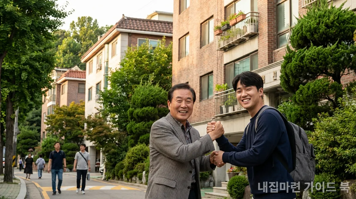 현명한 임대차 계약 후 악수하는 한국인 임대인과 임차인