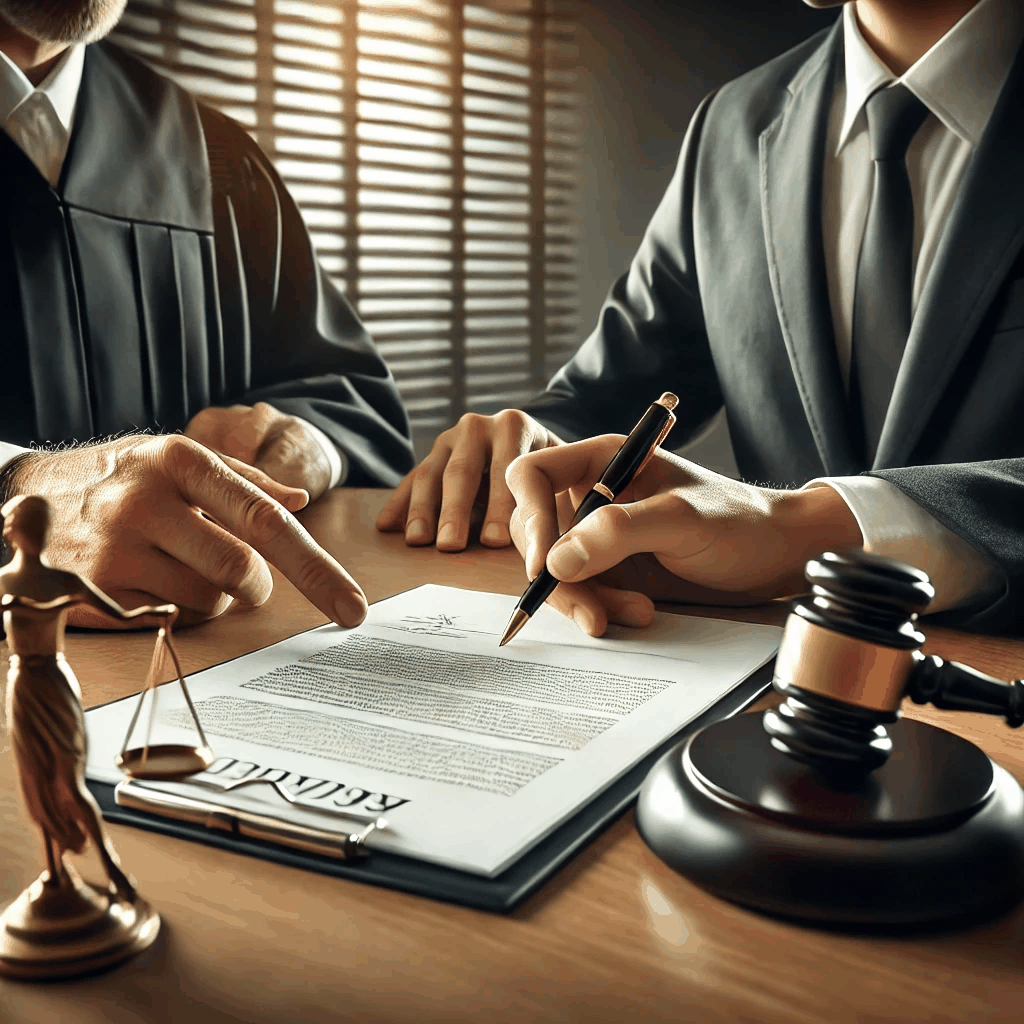 법률 서류를 검토하는 변호사와 법률 서적, 저울이 배치된 전문적인 법률 사무실의 모습