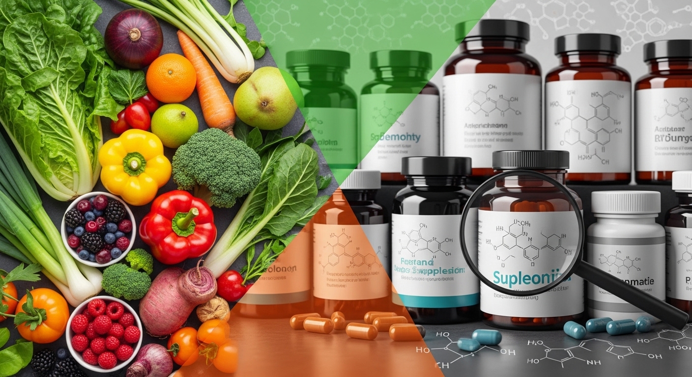 건강식품에 대한 진실을 탐구하는 이미지. 신선한 과일과 채소 옆에 건강 보조제 병들이 놓여 있고, 그 위로 돋보기가 라벨을 확대하여 보여줍니다.