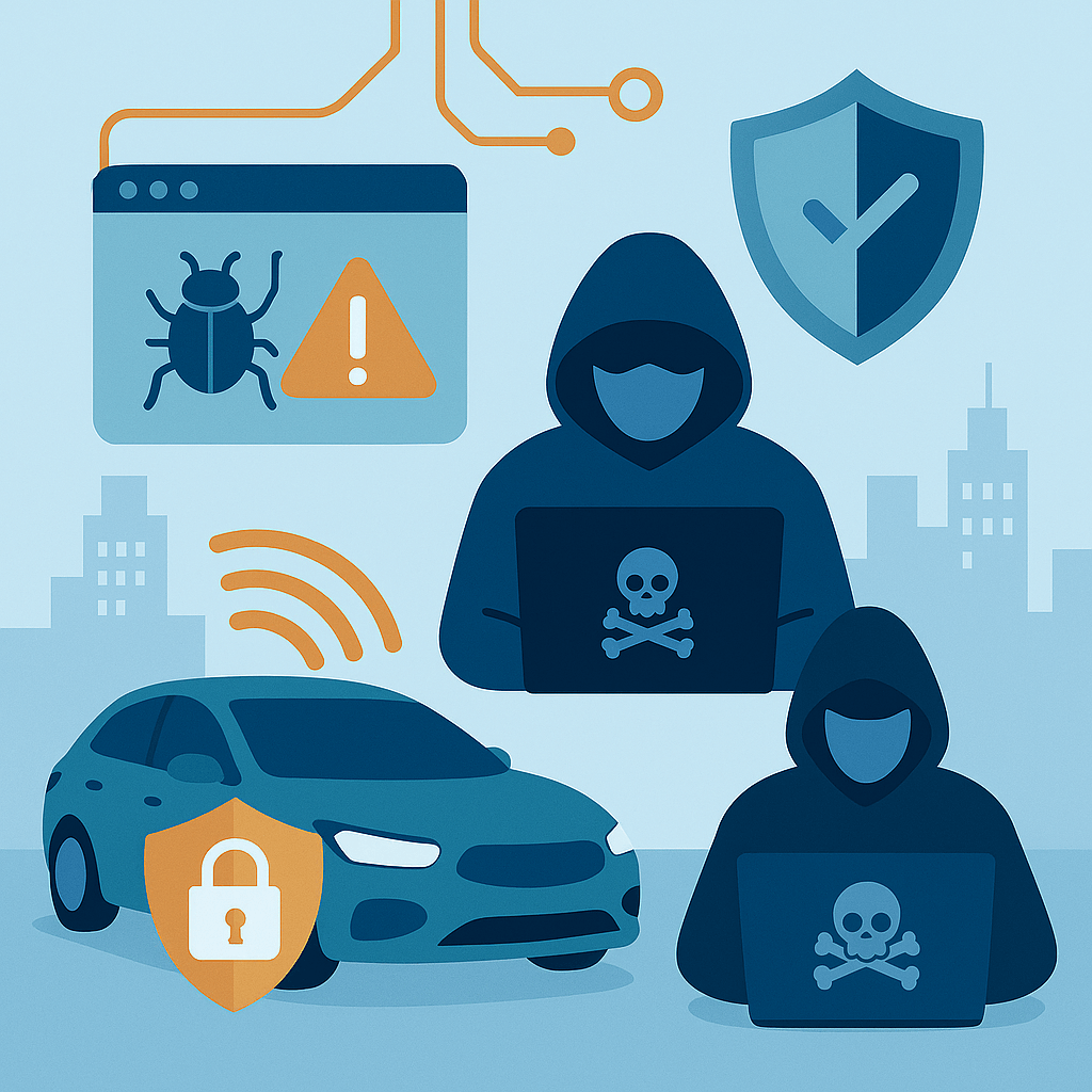 이 이미지는 자율주행차의 사이버보안 위협과 방어 기술을 시각적으로 표현한 일러스트입니다.
전체적으로 밝고 현대적인 블루 톤을 바탕으로 구성되었으며, 이미지 중앙에는 자율주행차가 위치하고 있고 차량에는 자물쇠 모양의 보안 방패 아이콘이 덧씌워져 있어 보호 기술을 상징합니다.
화면 상단에는 해킹 위협을 나타내는 벌레 아이콘과 경고 삼각형이 포함된 창이 보이며, 그 옆에는 체크 표시가 있는 방패가 보안이 적용된 상태를 시각화합니다.
이미지 오른쪽에는 후드티를 쓴 해커의 모습이 두 명 등장하며, 해킹의 위협성과 실존 가능성을 강조합니다. 해커는 해골 마크가 새겨진 노트북을 들고 있으며, 이는 자율주행차 해킹의 위험성을 직관적으로 보여줍니다.
전체적으로 기술과 위협, 그리고 방어의 상징 요소들을 조화롭게 배치하여 자율주행차의 사이버보안 중요성을 효과적으로 전달하는 인포그래픽 이미지입니다.