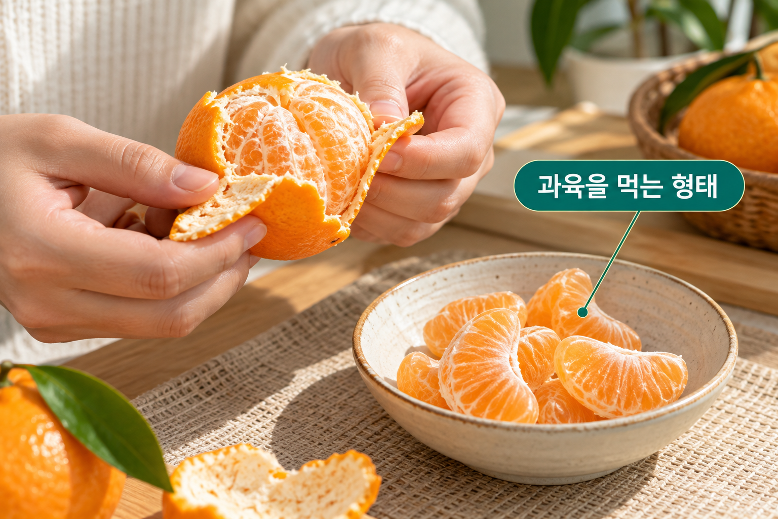 귤 껍질을 벗기고 과육을 그릇에 담는 손