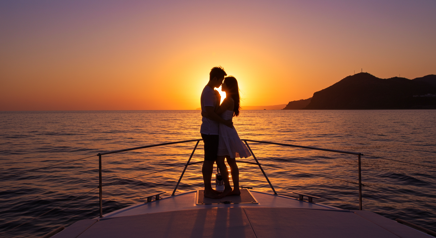 제주 바다 위 요트에서 노을을 감상하며 로맨틱한 하루를 보내는 한국 커플의 실루엣.