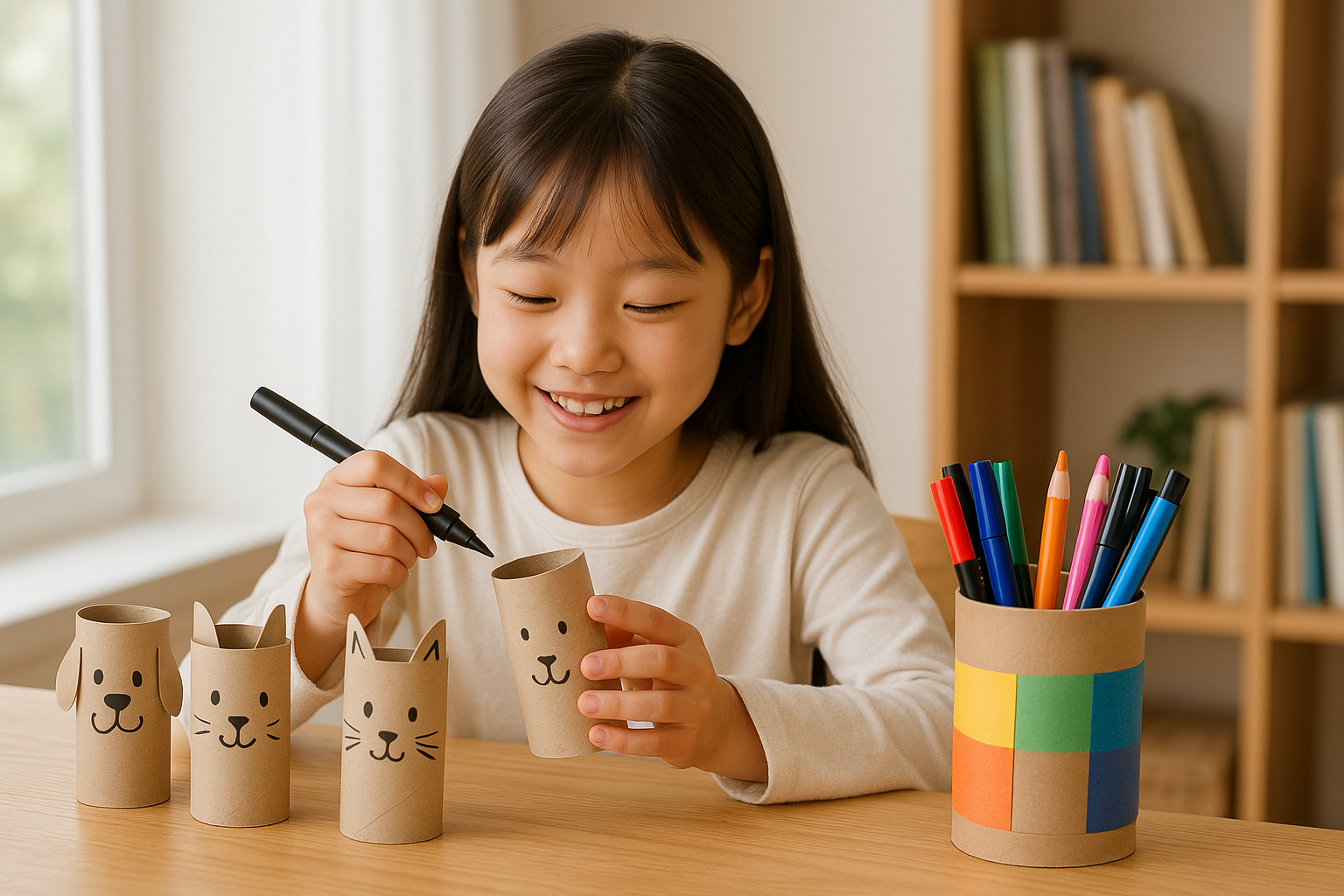 버려질 휴지심에 눈코입을 그려 장난감을 만드는 아이