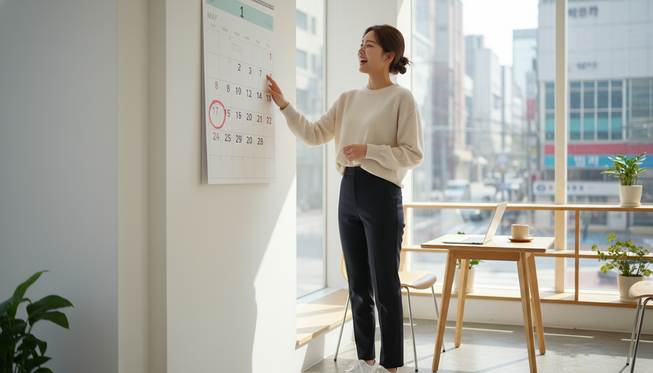 달력에 표시된 근로자의 날을 보며 웃고 있는 한국인 직원의 모습.