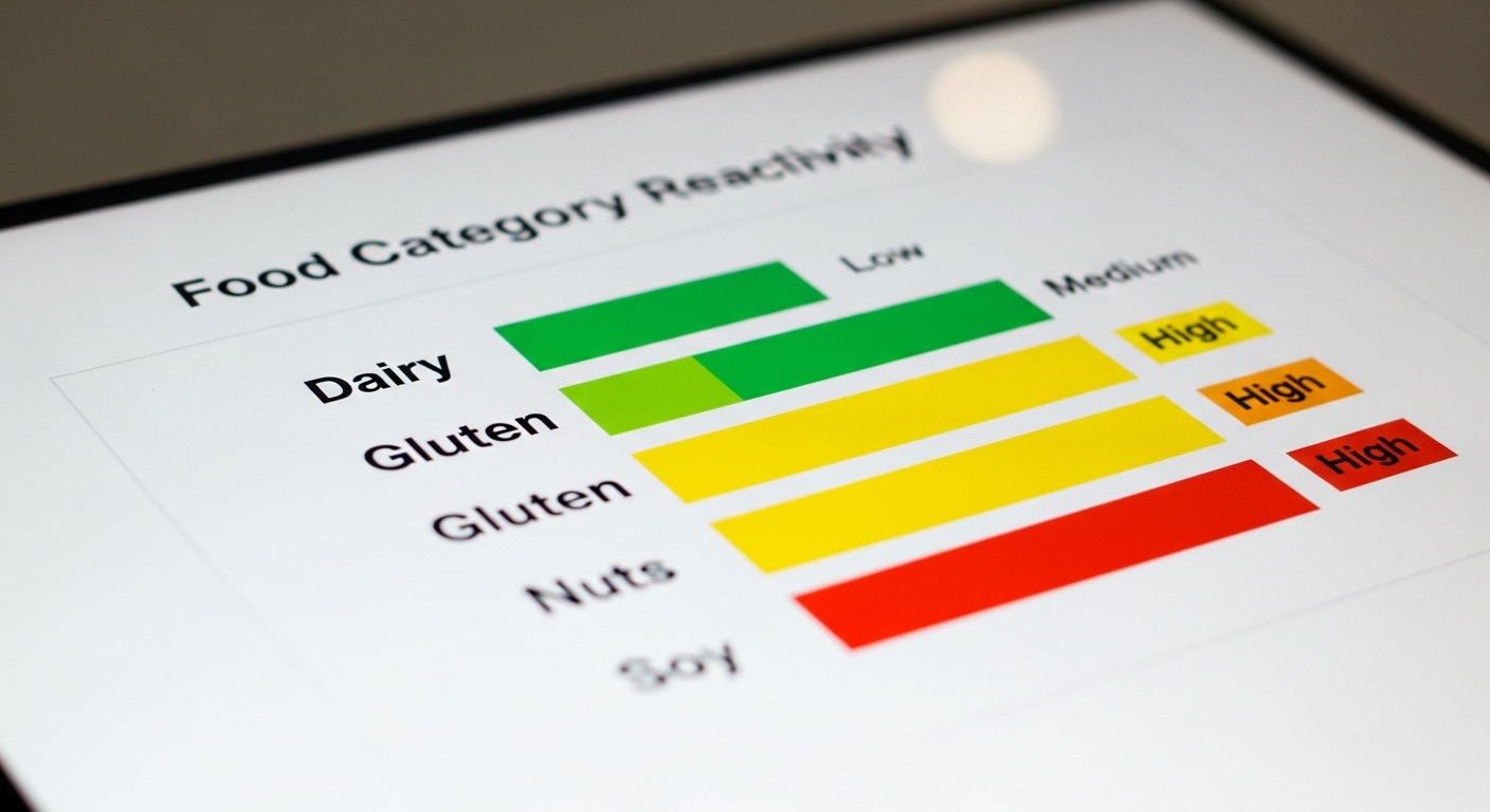 음식물 과민증 검사 결과를 보여주는 그래프와 표. 반응도에 따라 식품 항목들이 분류되어 있다.