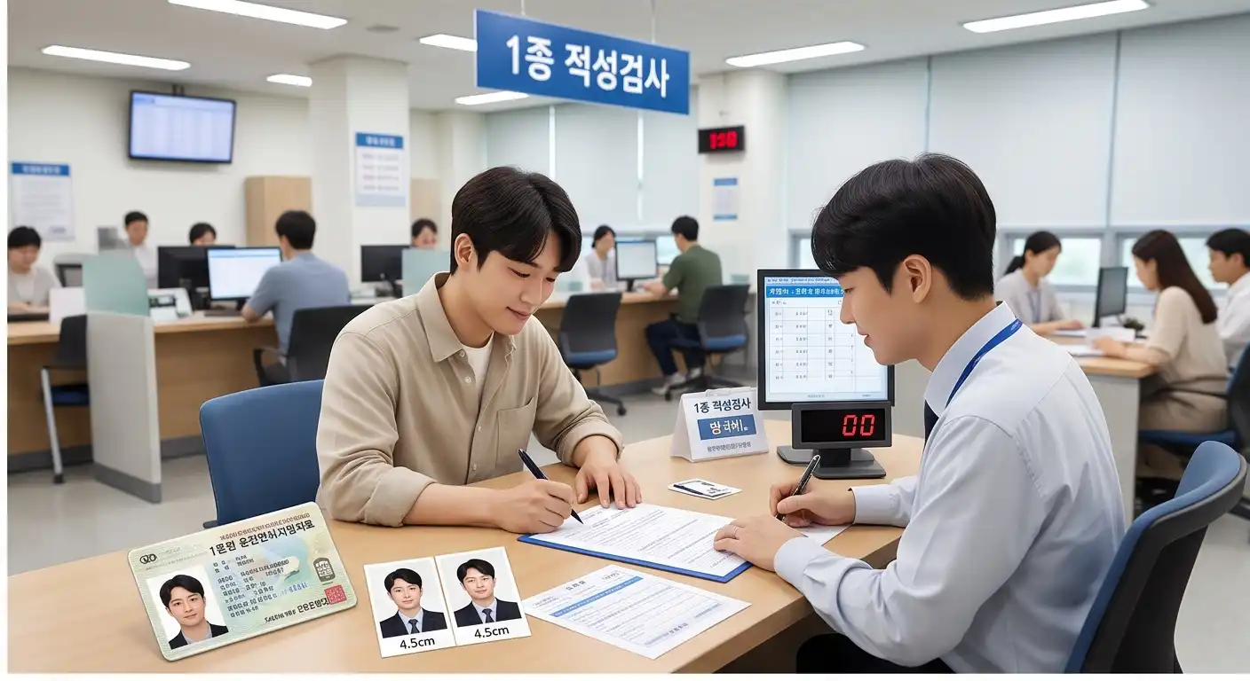 운전면허시험장 1종 적성검사 민원 창구에서 직원과 마주 앉아 증명사진과 기존 면허증을 두고 신청서를 작성하는 남성