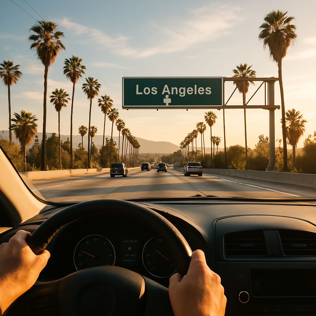 엘에이 사인을 보며 프리웨이를 달리는 이미지 사진