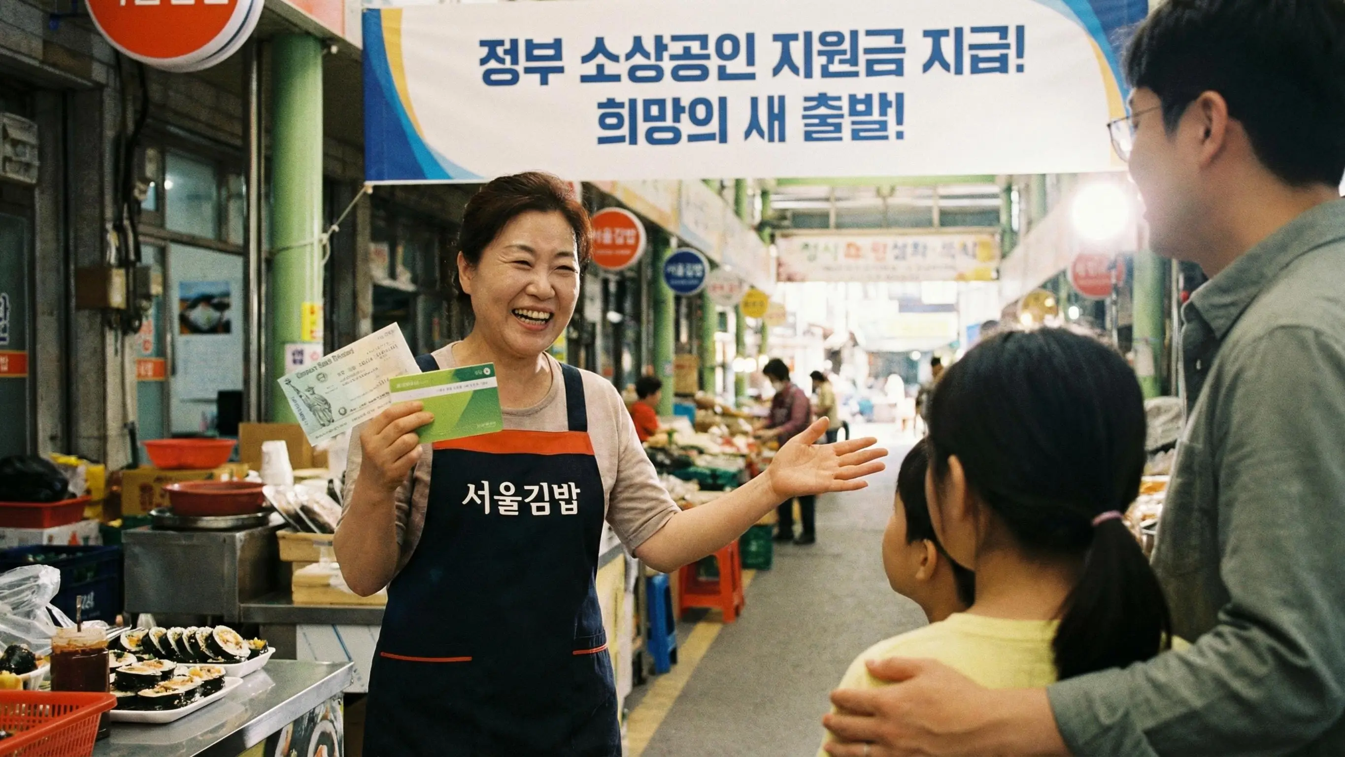 정부 지원금을 받고 활짝 웃으며 손님을 맞이하는 영세 자영업자의 희망찬 모습