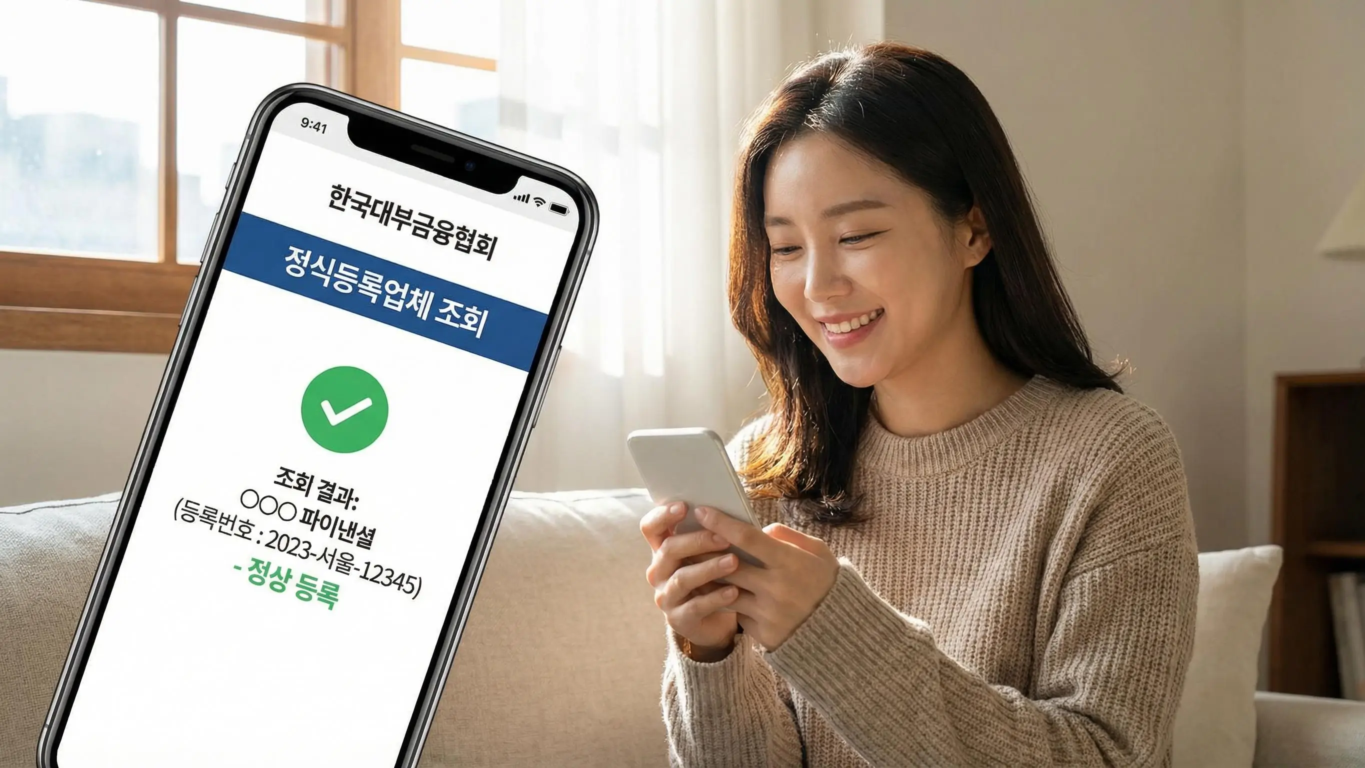 스마트폰으로 정식 등록 대부업체인지 꼼꼼하게 확인하고 안심하는 모습