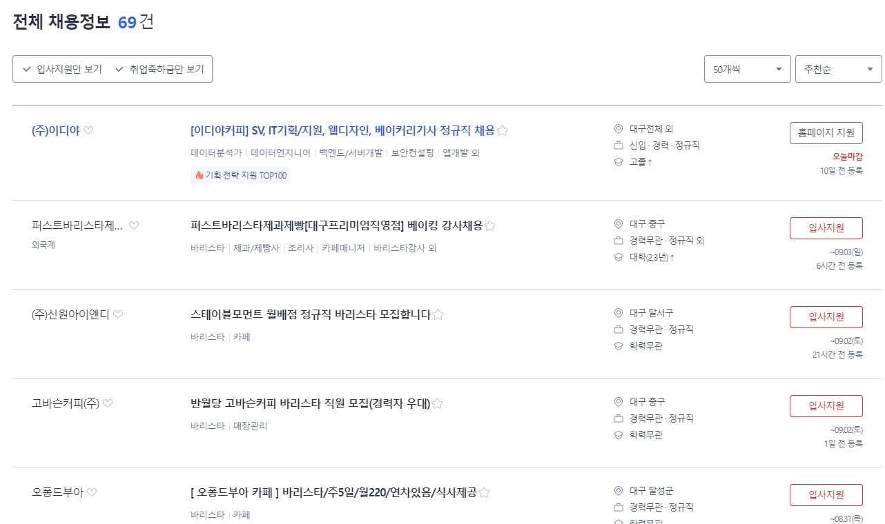 최종 필터링된 대구 지역 바리스타 채용 공고 목록