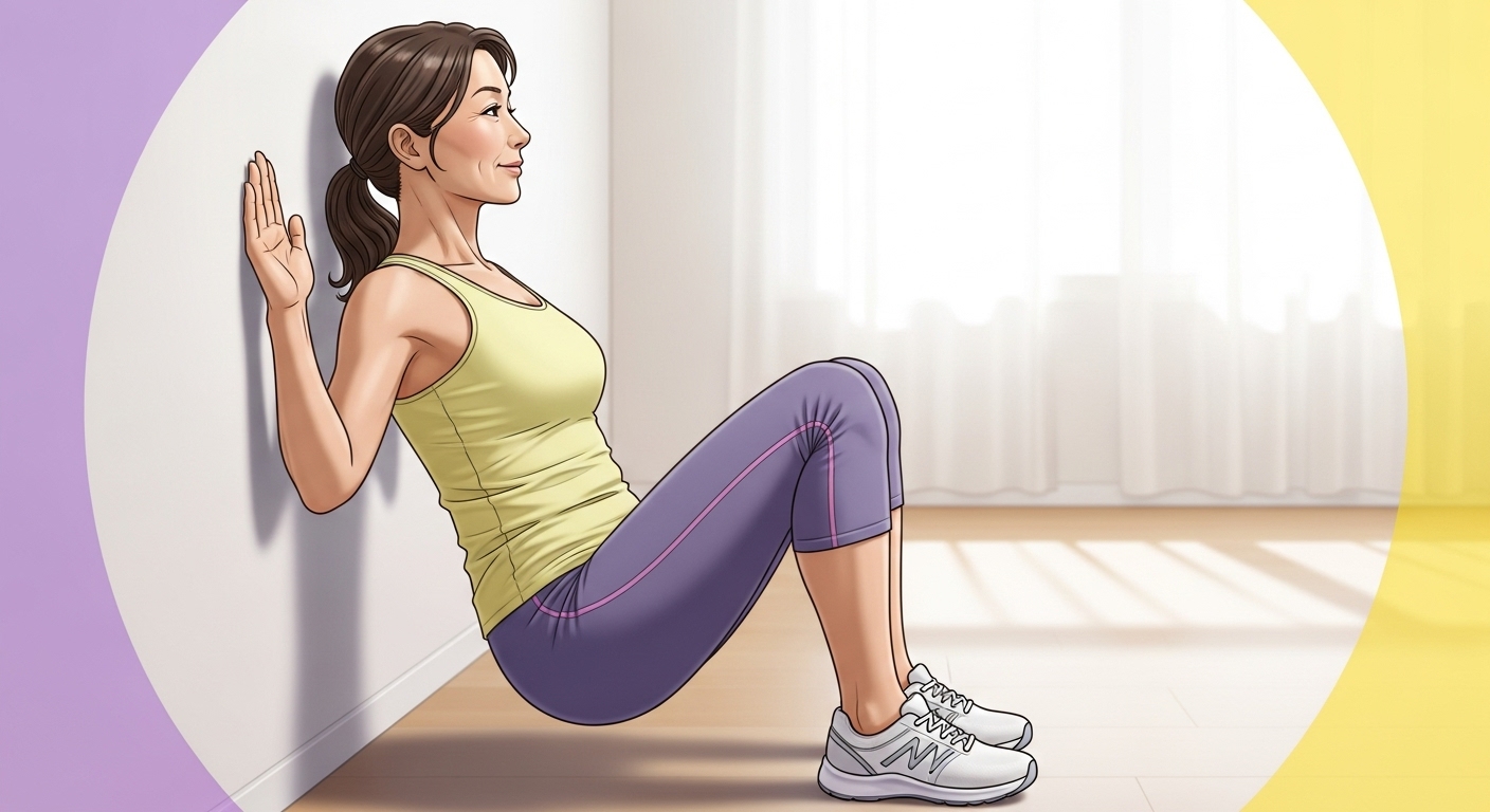 중년 여성이 벽에 등을 대고 월 스쿼트 자세를 취하며 무릎 부담 없이 하체 근력을 강화하는 모습.