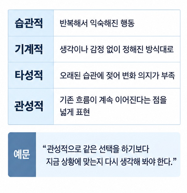 관성적 습관적 기계적 타성적의 의미 차이를 비교한 국어 표현 인포그래픽