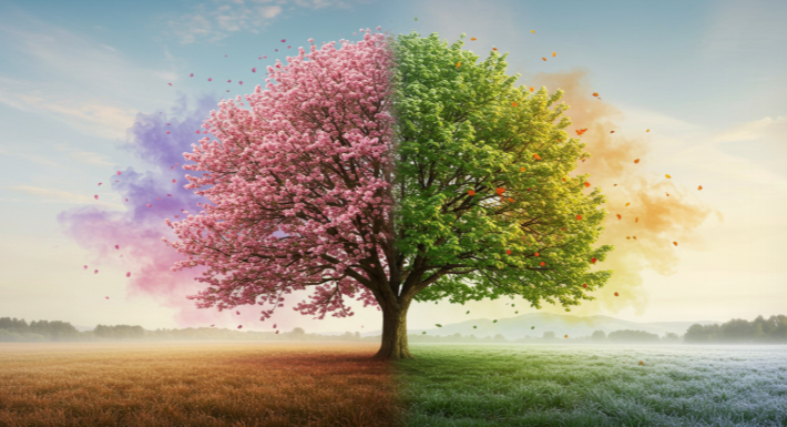 사계절을 나타내는 나무 한 그루와 그 주변을 감싸는 향기의 오라