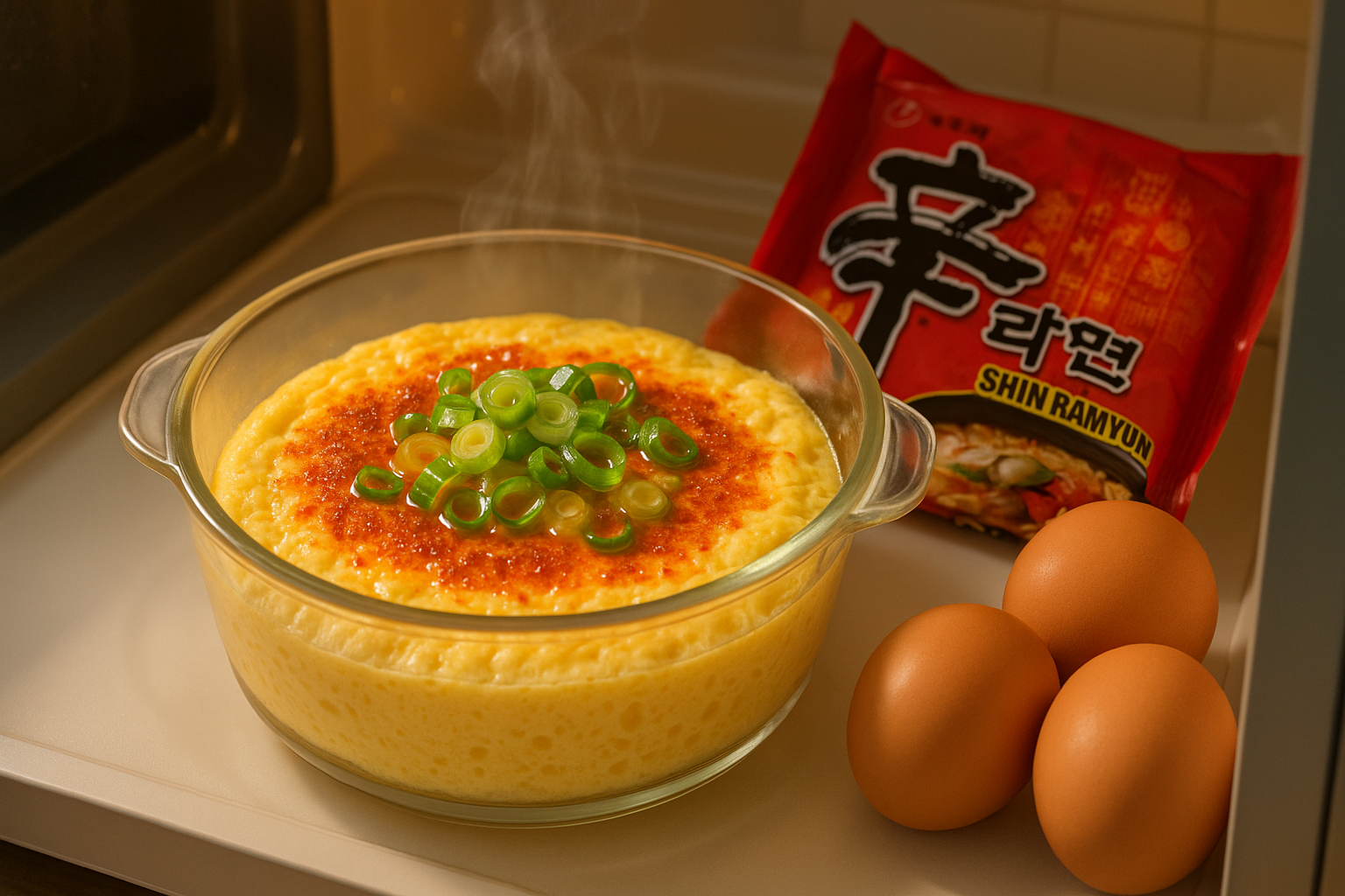 전자레인지 안에서 막 완성된 신라면 달걀찜