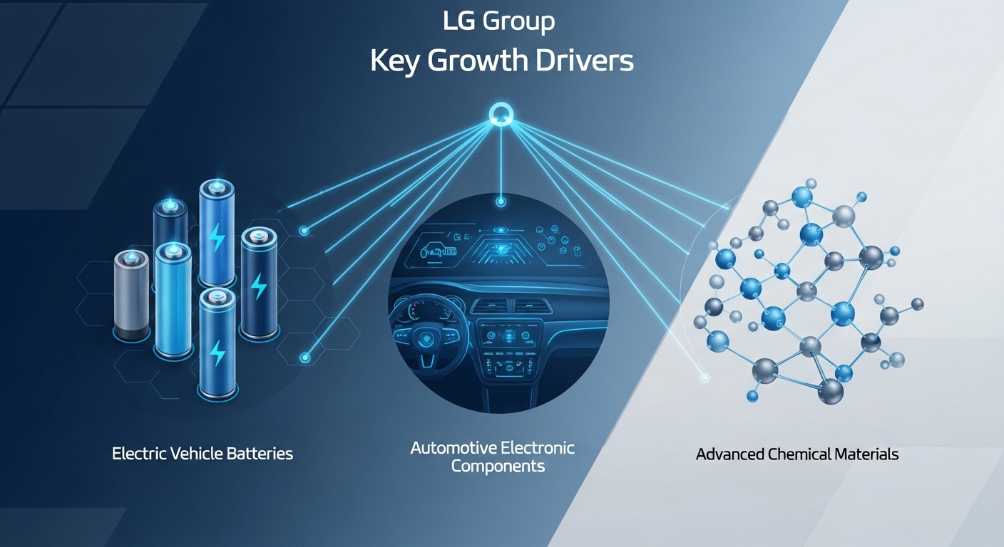 LG그룹의 핵심 성장 동력인 배터리, 전장, 첨단 화학 소재 사업 분야를 보여주는 인포그래픽.
