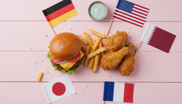 여러 국가의 국기와 함께 배치된 햄버거와 치킨 등 외식 브랜드의 국적을 상징하는 이미지