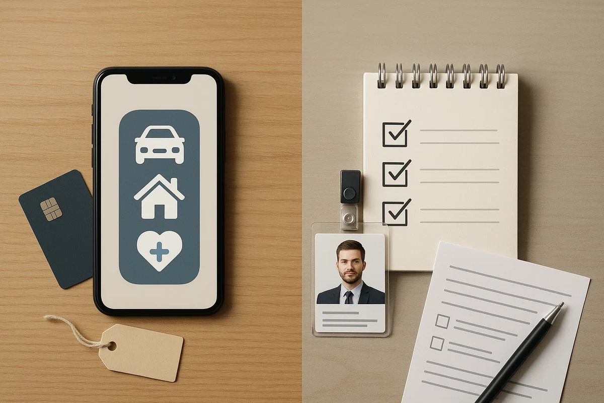 다이렉트 보험과 설계사 보험을 비교하는 인포그래픽, 각각의 장단점을 시각적으로 표현