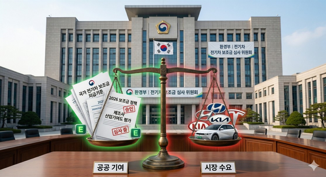한국 정부 청사 배경에 전기차 보조금 서류와 저울이 놓여 있는 상징적인 이미지