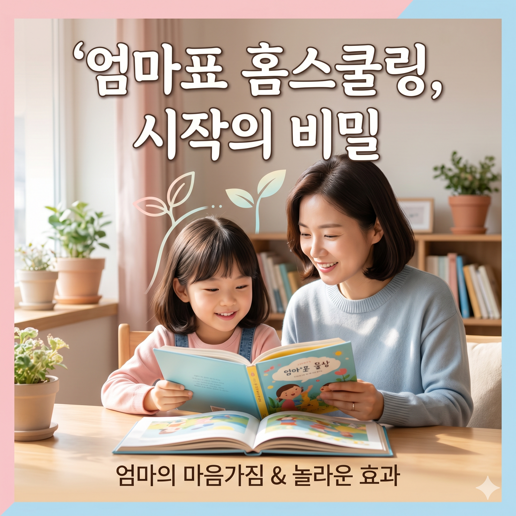 "엄마표 홈스쿨링으로 성장하는 아이와 엄마가 거실에서 다정하게 책을 읽는 모습. 아이 머리 위 새싹 그래픽으로 성장을 표현한 파스텔톤 이미지."