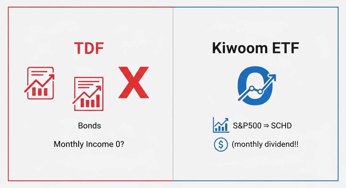 'TDF (월급 0원?)'에는 X 표시가, '키움 비중전환 ETF (S&amp;P500&rarr;SCHD, 월배당 O)'에는 O 표시가 된 이미지