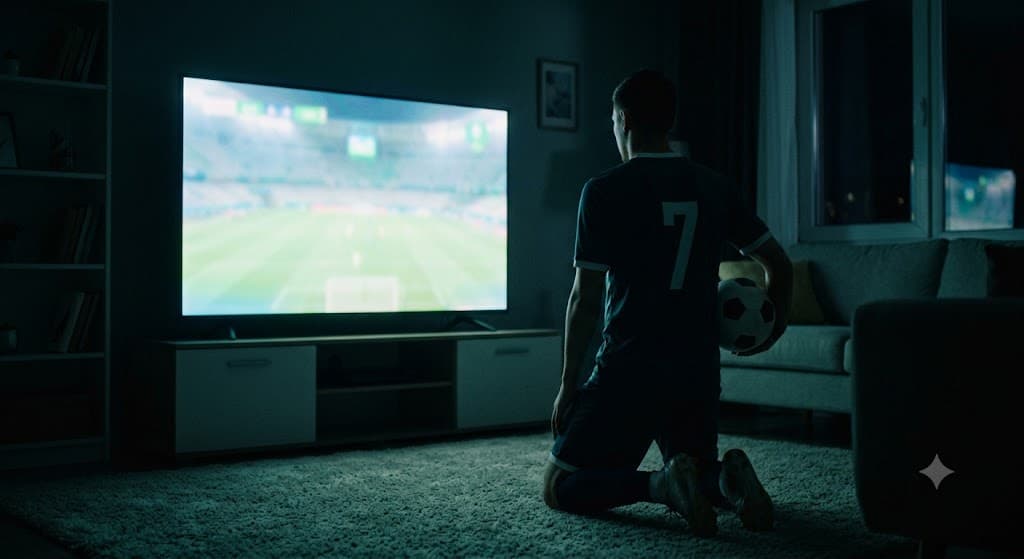 혼자 무릎 꿇고 TV를 바라보는 축구선수 뒷모습, 어두운 방 안 TV 불빛, 감성적 색감, 실사 느낌 이미지