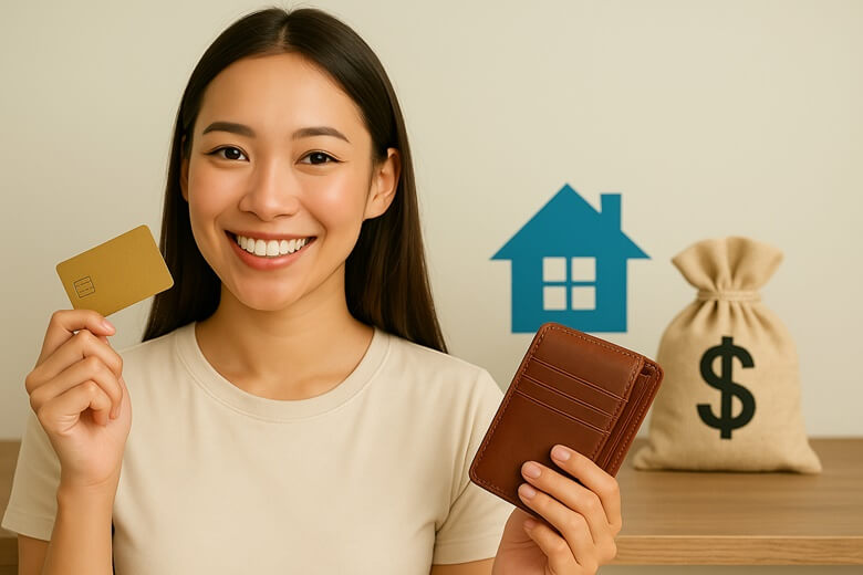 지갑과 카드로 스마트 소비를 표현하는 여성을 담은 스톡사진