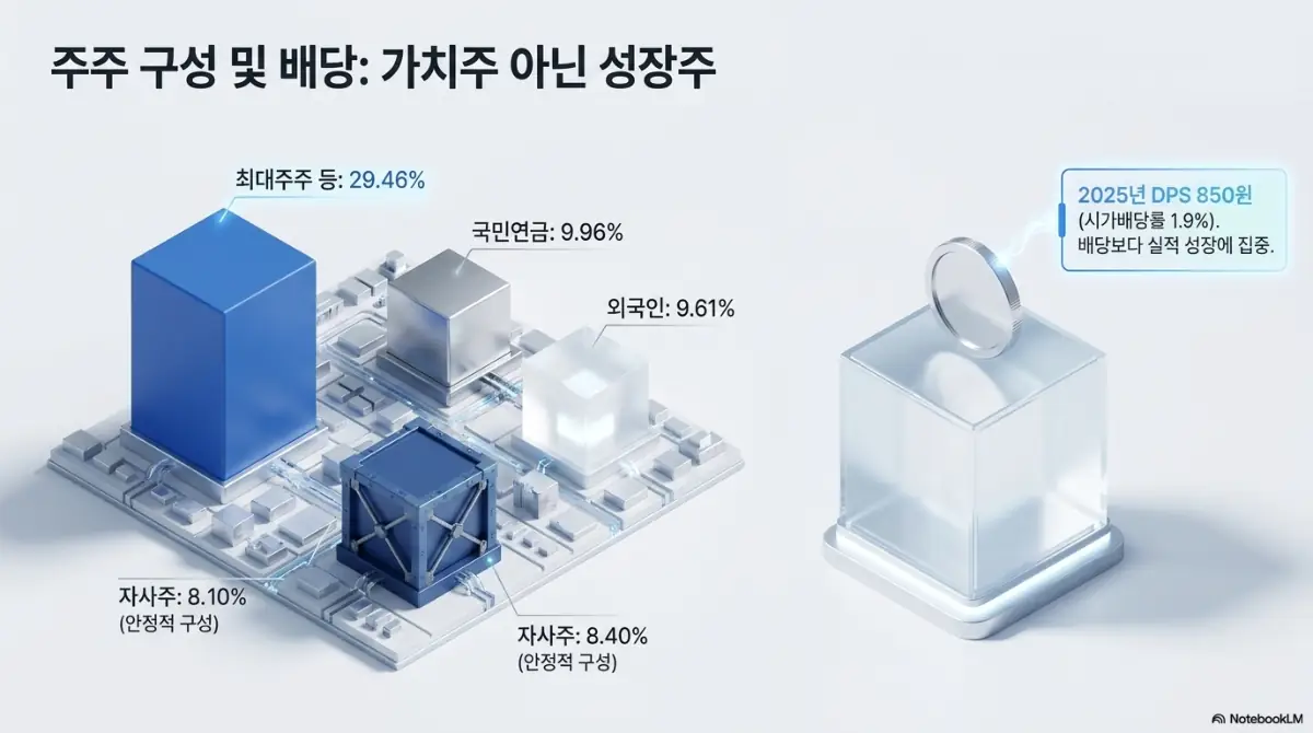 테스 주가 전망: 테스의 주주 구성과 배당 성격을 정리한 이미지. 최대주주 29.46%, 국민연금 9.96%, 외국인 9.61%, 자사주 8.40%의 안정적 구성과 2025년 DPS 850원을 시각화했으며, 배당보다 실적 성장에 초점이 맞춰진 성장주라는 점을 설명함