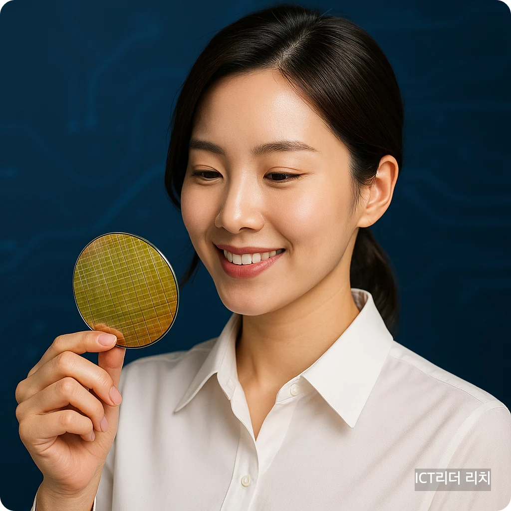 밝고 환한 표정으로 반도체 칩을 들고 있는 세련된 스타일의 전문가 여성 이미지