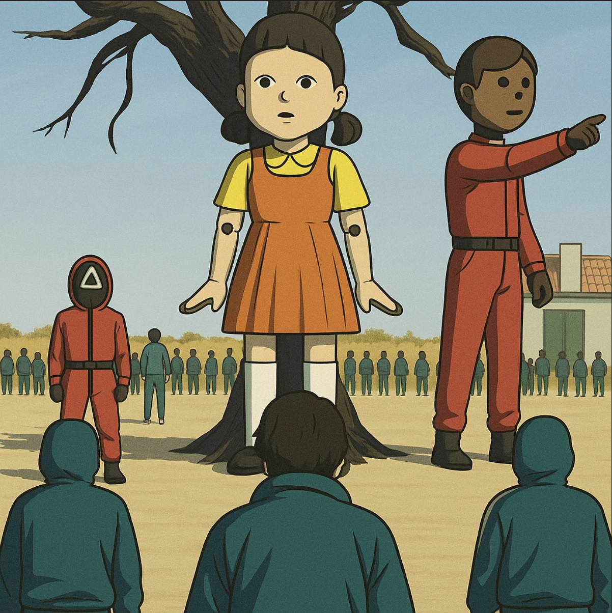 넷플릭스 오징어게임 영희 인형앞에 서있는 참가자들과 핑크가드