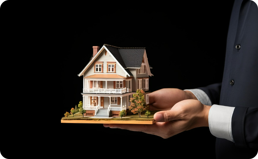 3층 주택 모형 두 손