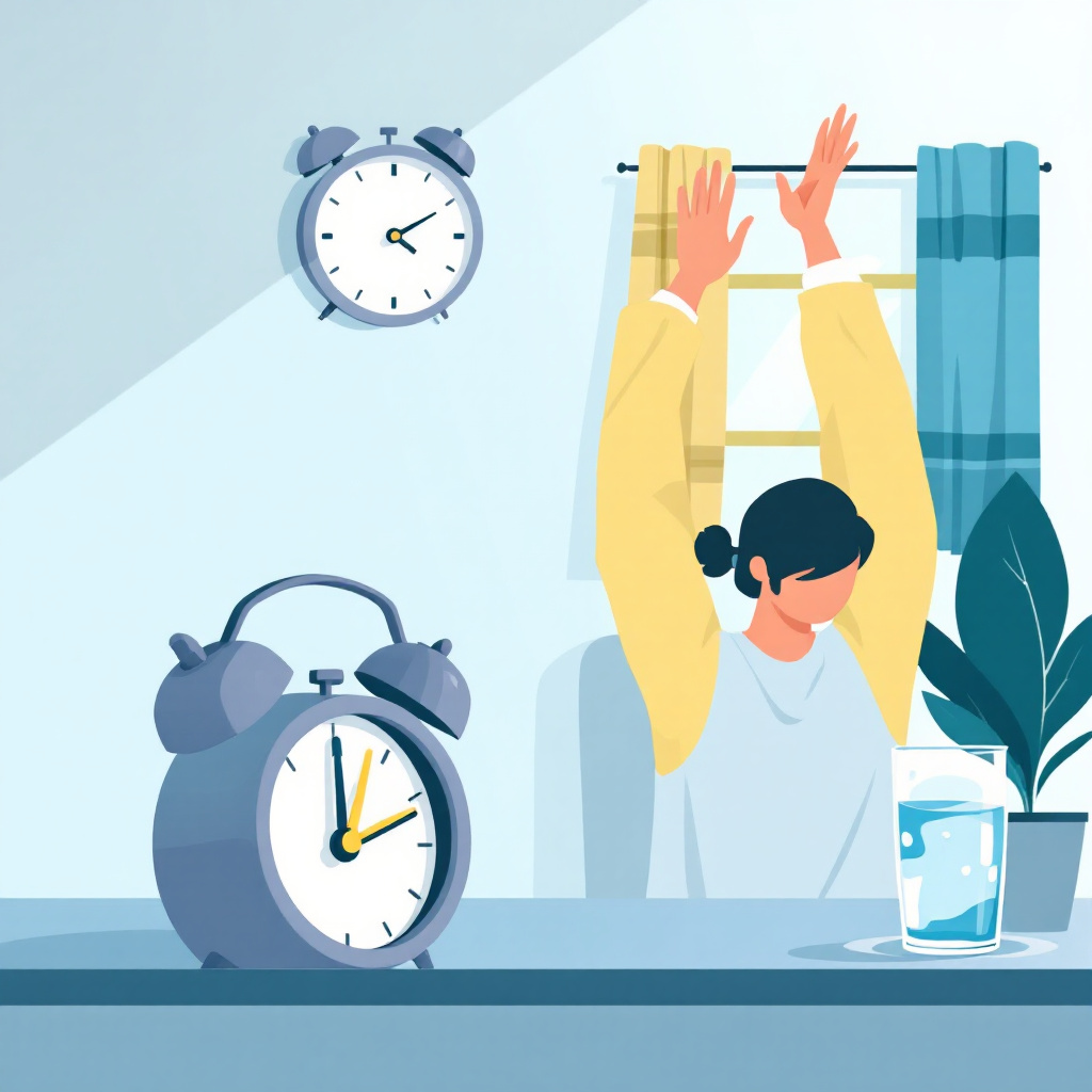 아침 기상 후 스트레칭과 물 마시기 루틴을 실천하는 모습