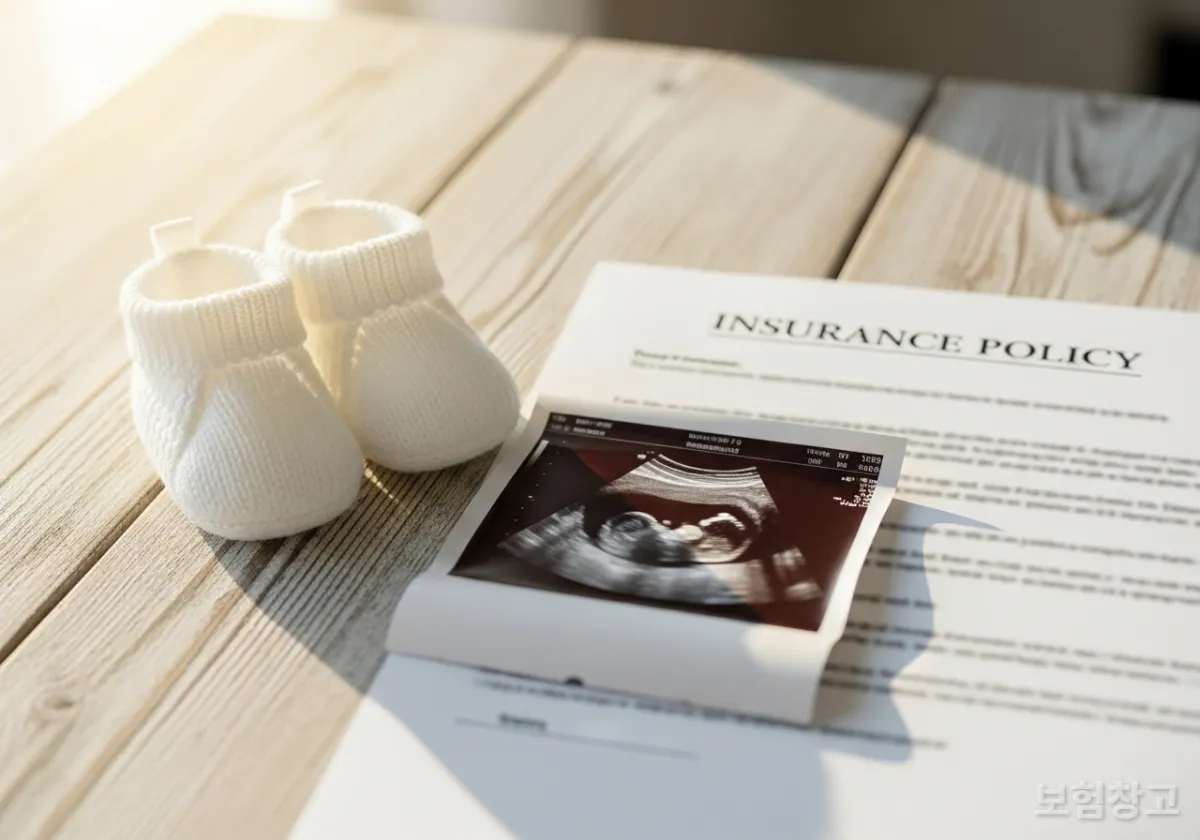 태아 보험 서류와 아기 신발, 초음파 사진이 놓인 테이블