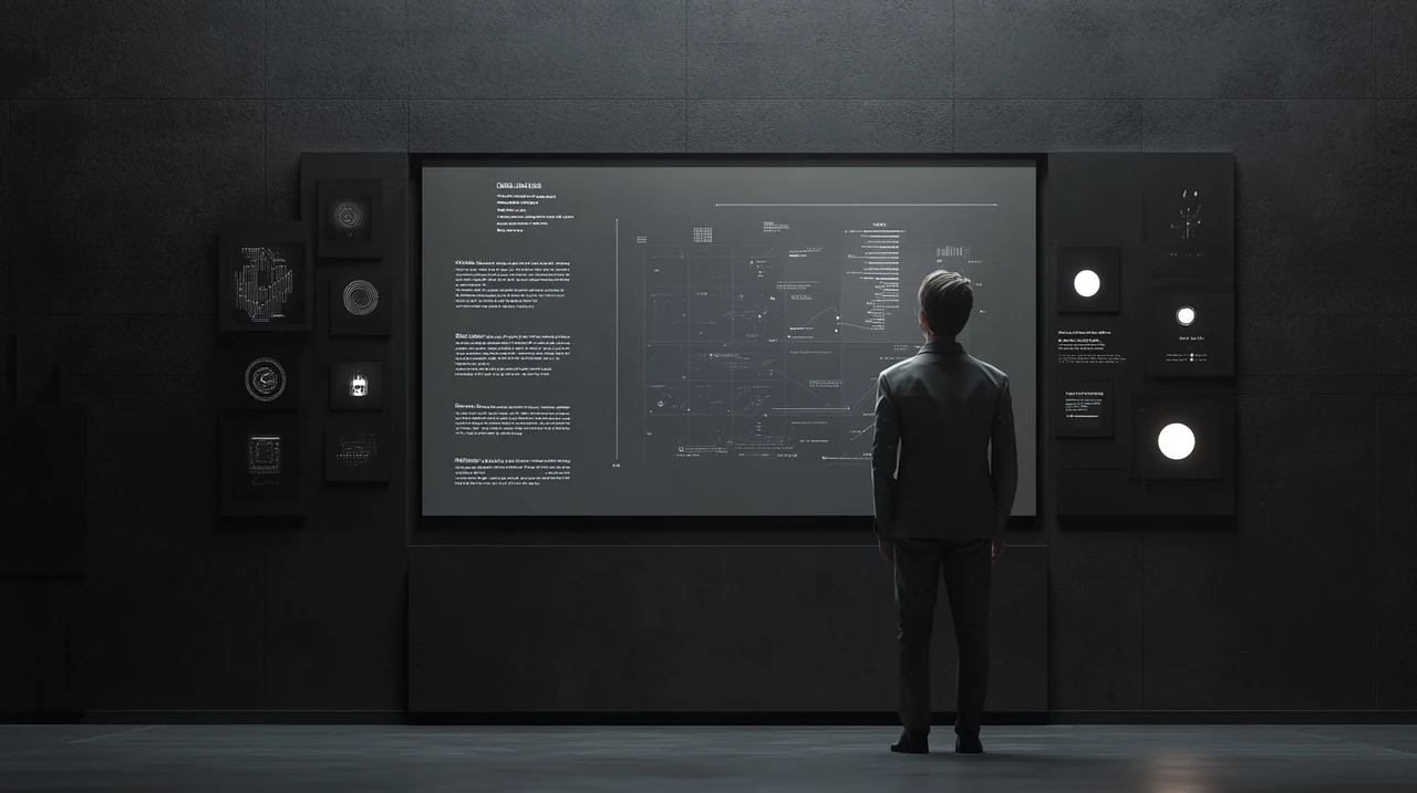 미래적인 비즈니스 환경에서 AI 및 반도체 부문에 대한 세부적인 성장 예상 차트가 마련되어 있으며, 신기술의 잠재력을 강조하는 신비로운 조명이 함께 합니다.