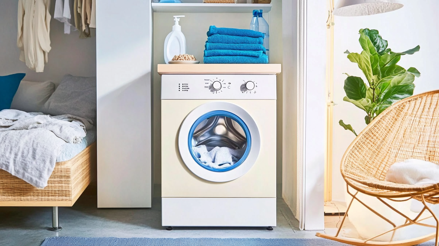 작고 아늑한 도시 아파트 환경에 배치된 세련된 공간 절약형 미니 세탁기의 모습