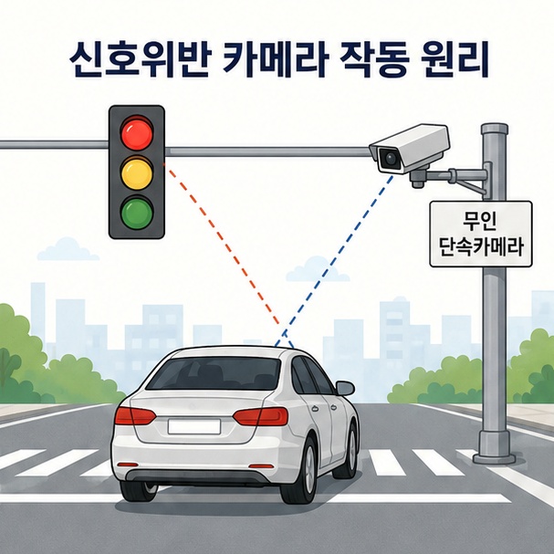 교차로 신호등과 무인단속카메라를 통해 신호위반 카메라 작동 원리를 설명한 이미지