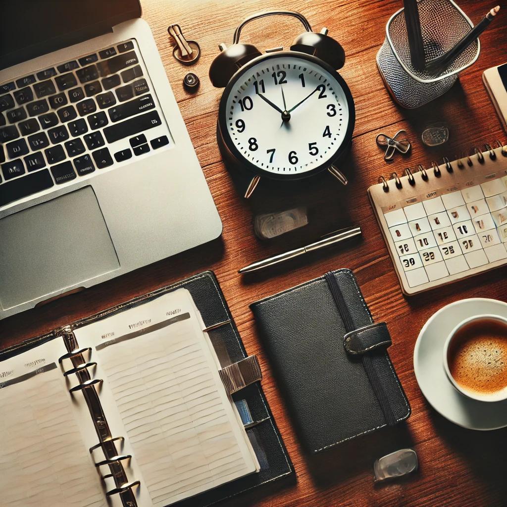시계, 다이어리, 체크리스트, 노트북이 있는 생산적인 작업 공간
