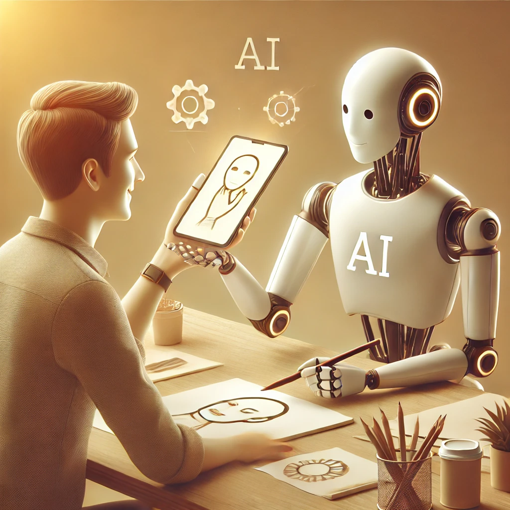 AI 로봇이 회의실에서 인간들과 함께 미래 전략을 논의하는 모습. 기술과 인간의 협업이 시각적으로 표현됨.