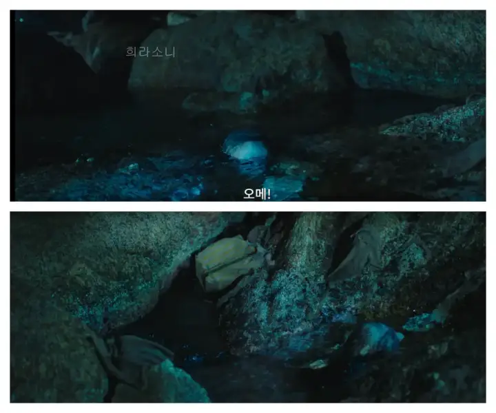 바닷가에 머리카락이 달린 해골과 황수현의 가방이 떠오름.