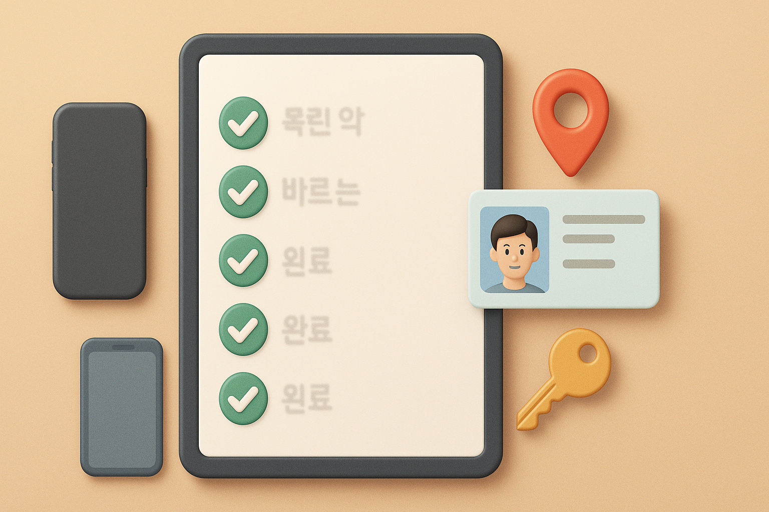 체크리스트가 표시된 태블릿 화면을 중심으로 스마트폰, 신분증, GPS 아이콘, 집 열쇠 등 요소가 배치된 인포그래픽