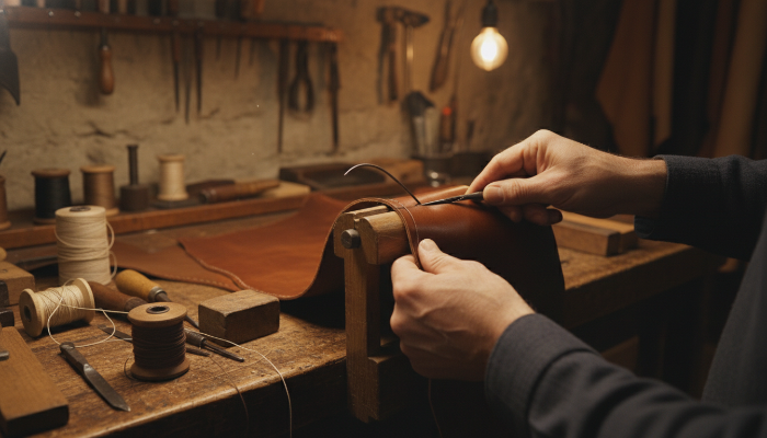 피렌체 공방에서 전통적인 방식으로 가죽을 수선하는 이탈리아 장인의 섬세한 손길