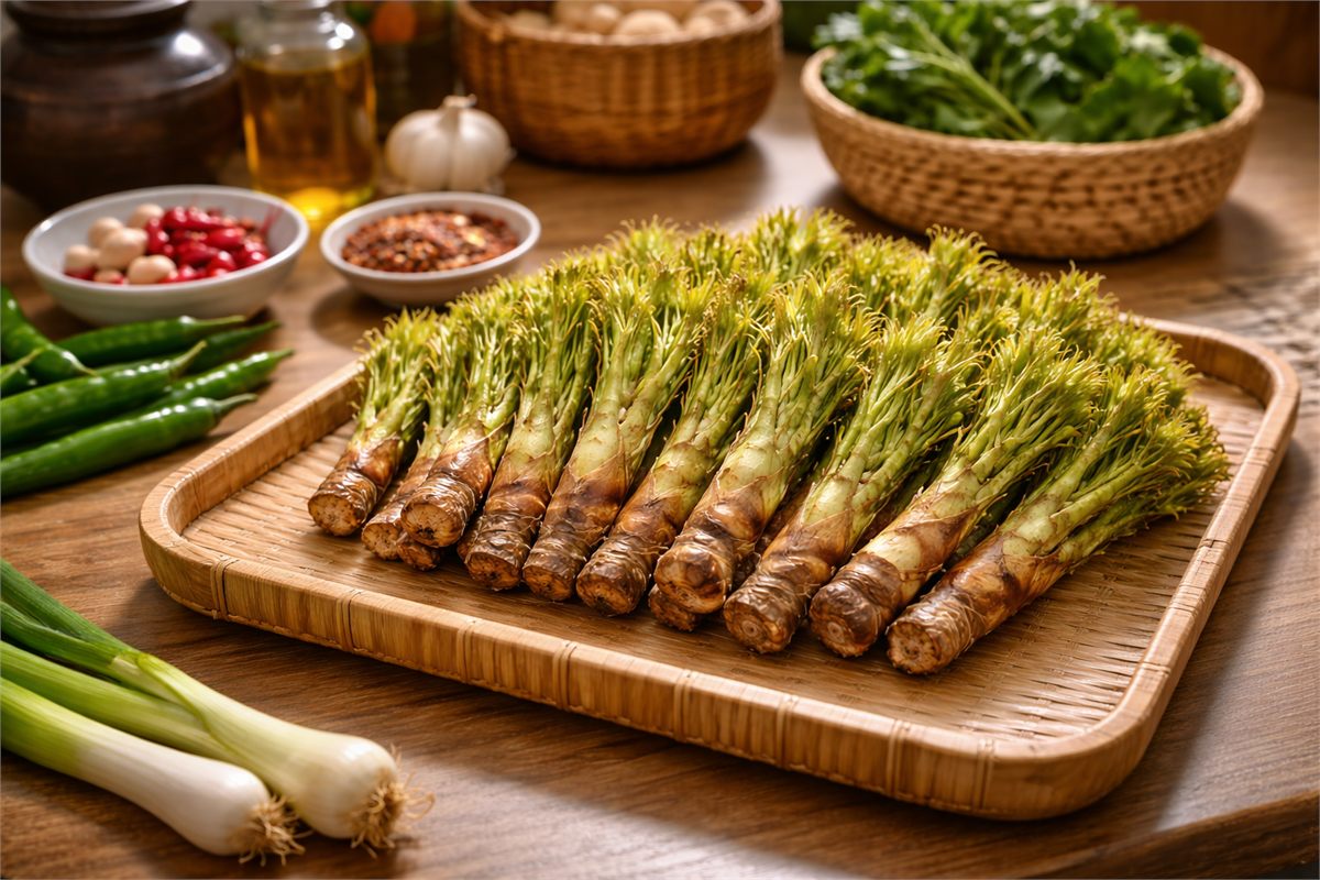 봄 제철 식재료로 손질한 엄나무순이 주방 조리대에 놓인 모습 