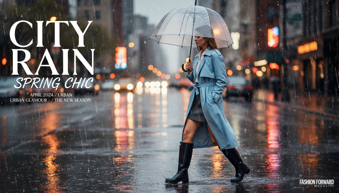 2026년 봄 비오는 날 핀터레스트 무드의 파스텔 블루 트렌치코트와 레인부츠를 매치한 여성 코디