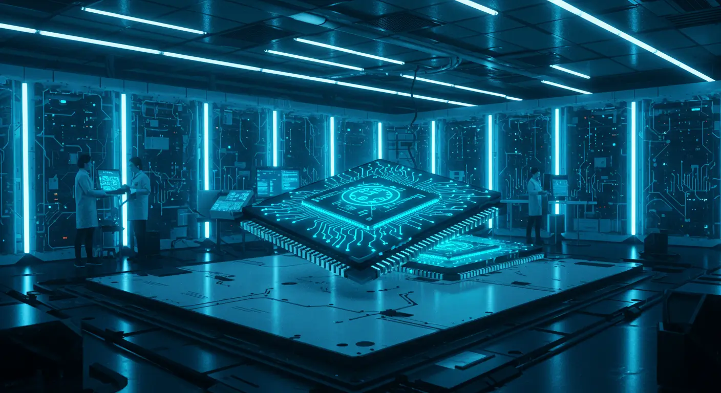 미래적인 데이터센터를 배경으로, 리벨리온의 AI 반도체 칩이 빛을 발하는 모습
