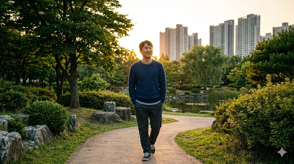 식후 가벼운 산책으로 역류성 식도염을 예방하는 모습